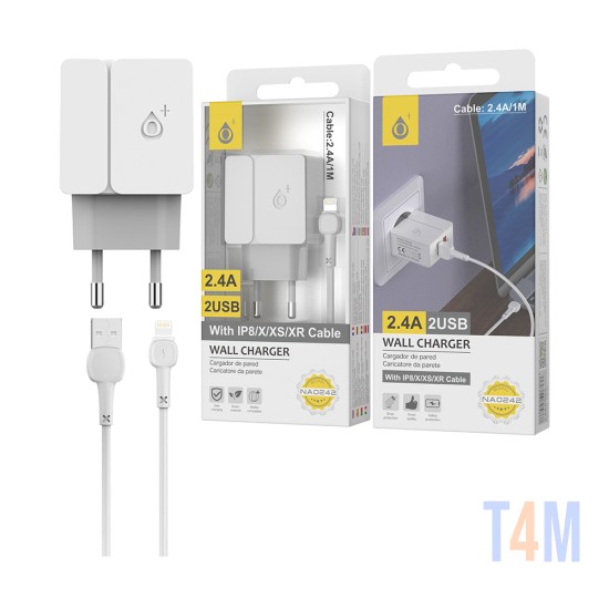 OnePlus EU Wall Charger NA0242 with IP8/X/XS/XR Cable 2 USB 5V/2.4A White
